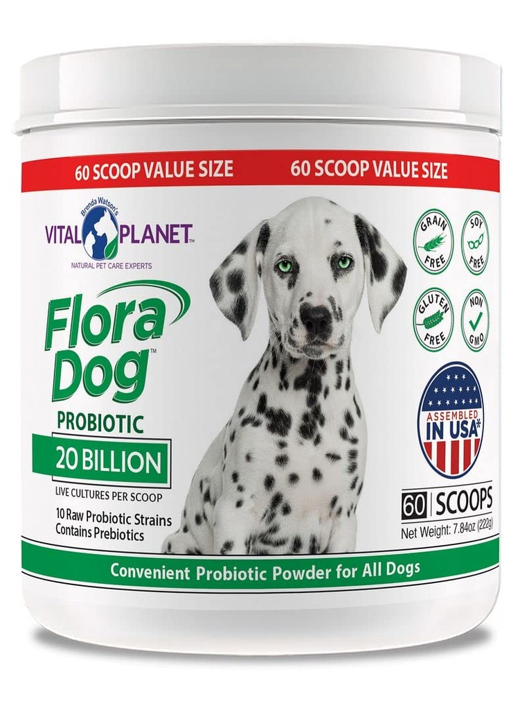 Vital Planet - Flora Dog Probiotic Powder Supplement avec 20 milliards de cultures et 10 souches, Immune de haute puissance et probiotiques de soutien digestif pour chiens, 7,84 oz., 222 Grams, 60 portions