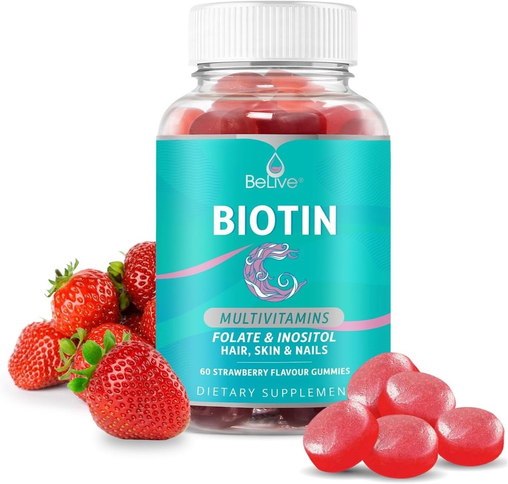 Gommies BeLive Biotin avec MultiVitamines, Folate, Inositol – Soutient la croissance des cheveux, la peau saine et les ongles – Vegan, Pectine à base – Fraise Arôme (1)