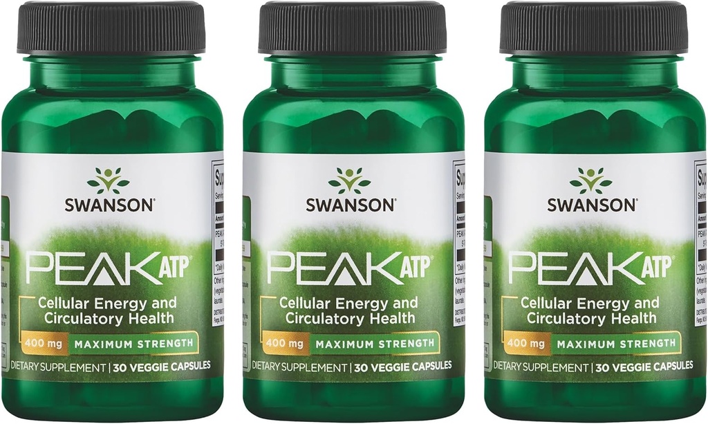 Swanson Maximum Strength Peak ATP-Natural Supplement Promoting Cellular Energy Support-Supporte la performance physique et favorise un flux sanguin sain-(30 Capsules Veggie, 400mg chacune) 3 Pack