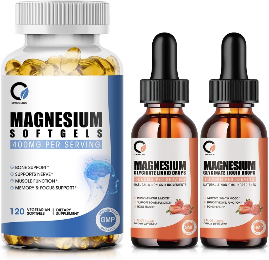 Glycinat de magnésium gouttes & Glycinat de magnésium 400mg pour les hommes et les femmes, énergie de soutien, nuit, muscles et fonction articulaire, non-OGM, végétalien