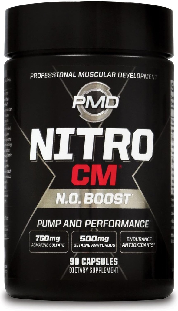 PMD Sports Nitro cm - Oxyde nitrique avec supplément de préentraînement Agmatine - Préentraînement de croissance musculaire avec L Arginine - Boost d'endurance pour l'exercice dur, l'entraînement et la musculation - 90 capsules