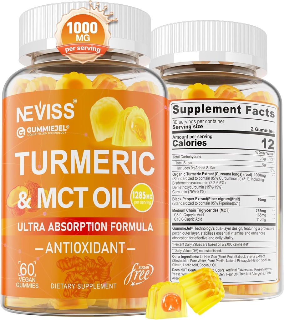 Turmeric Gummies 1000mg w/MCT Oil C8 C10, Organic Antioxidant, Turmeric Curcumin Supplement with Black Pepper Extract, Support Comfort, Boost Energy, Ultra Absorption, Sugar Free, 60 Cts