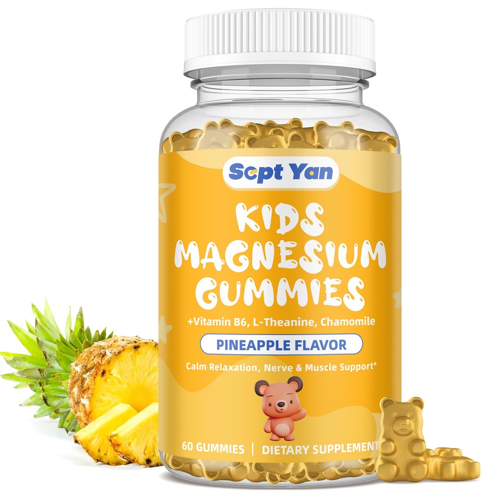 Gommies de magnésium pour les enfants - Supplément de citrate de magnésium avec vitamine B6, L-théanine, camomille et baume de citron - Magnésium calme pour les enfants et les adultes Sommeil, Relaxation, Arôme d'ananas 60 Gommies
