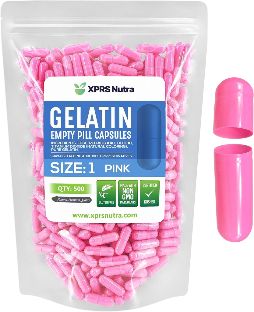 XPRS Nutra Taille 1 Capsules vides - 500 Compte Capsules de gélatine vides - Remplissage de la gélule de bricolage - Gel de pilule de boeuf pur pour les suppléments de Do-It-Youlf (Pink)