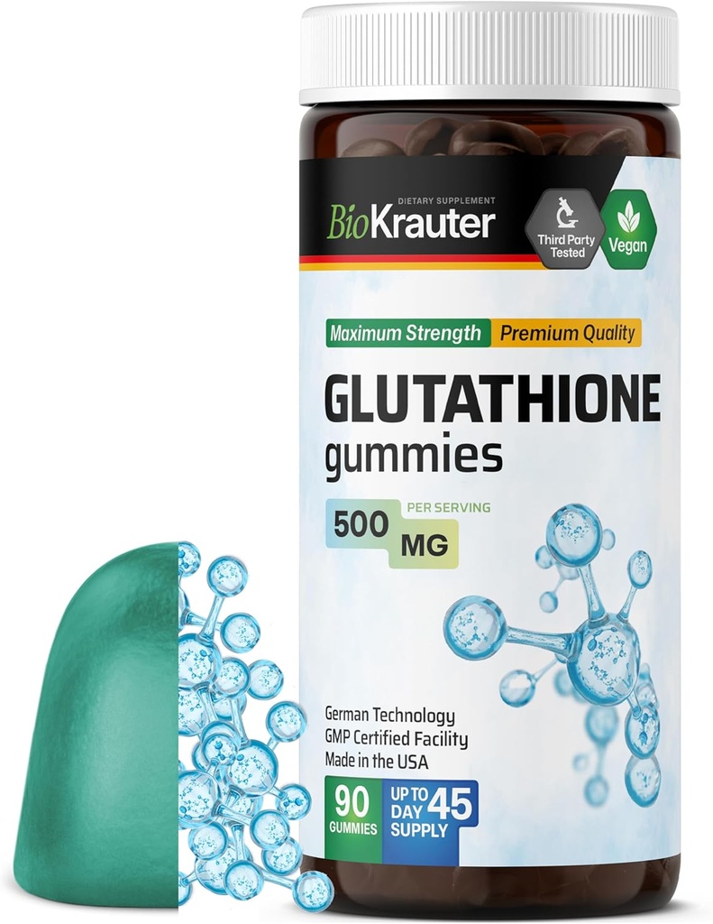 BIO KRAUTER Gummies L-glutathion - 500 mg - 90 croustilles véganes - Supplément réduit de glutathion - Supplément antioxydant