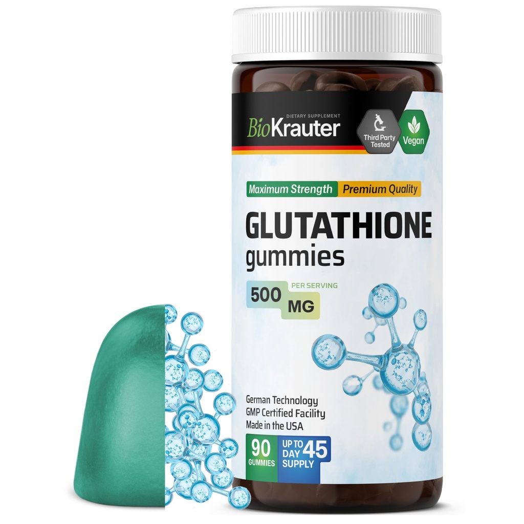 BIO KRAUTER Gummies L-glutathion - 500 mg - 90 croustilles véganes - Supplément réduit de glutathion - Supplément antioxydant