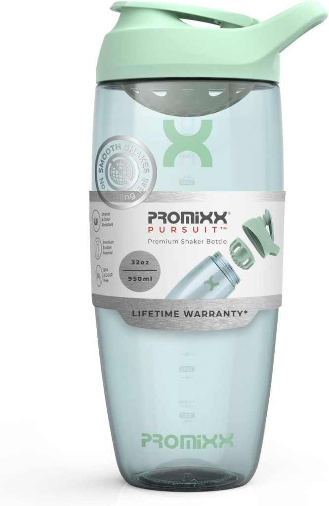 Bouteille Promixx Pursuit Protein Shaker (32 oz) – Mélangeur silencieux sans bille, filet de protection, BPA/BPS & ECOZEN sans phtalate – Coupe facile à nettoyer pour les smoothies pré- & post-entraînement