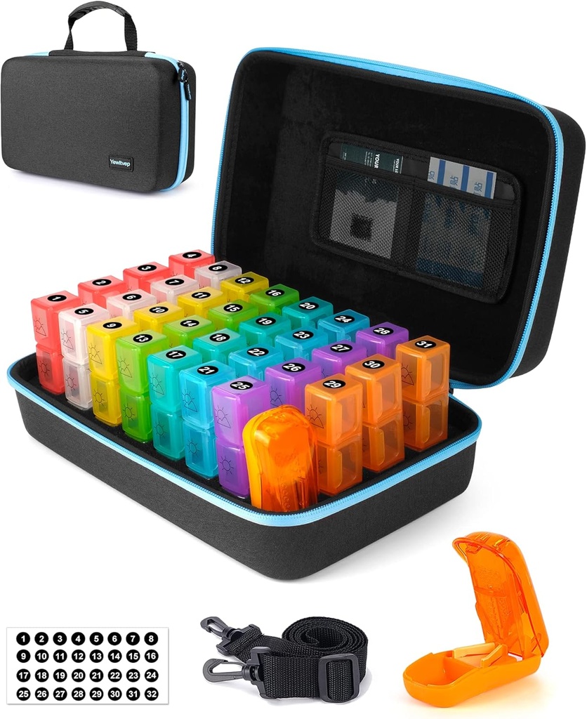 Organisateur mensuel Pill 3 fois par jour avec Pill Cutter, 30 jours Organisateur mensuel Pill, mois Organisateur de boîtes de médicaments avec 31 compartiments quotidiens, cas de voyage de la coquille dure et bandes d'épaule retirées