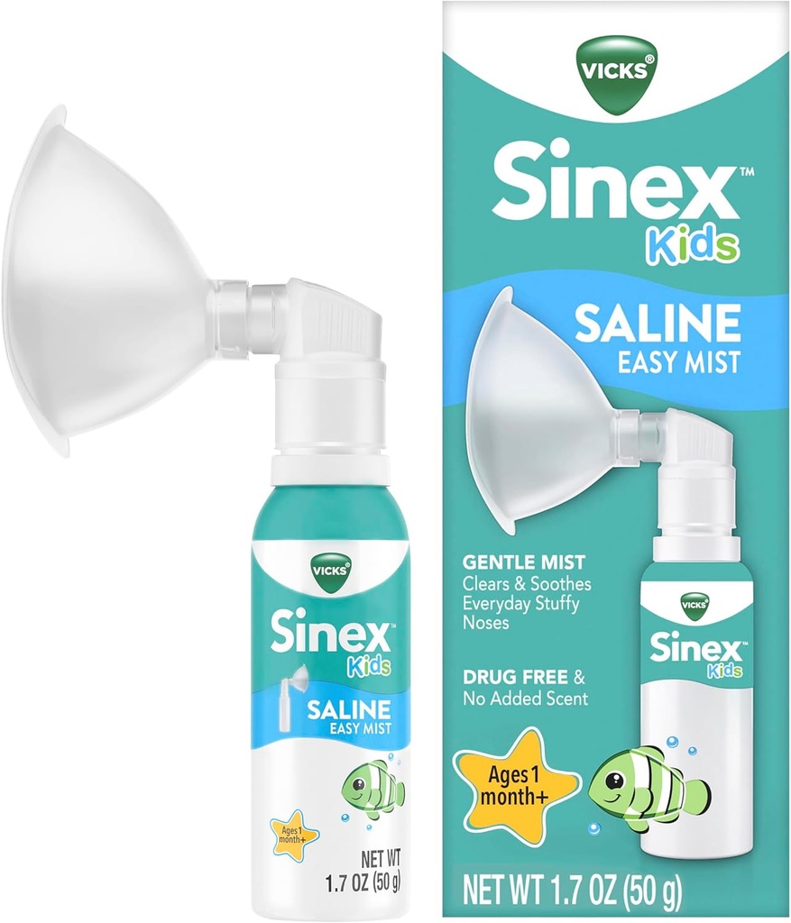 Vicks Sinex Kids Saline Easy Mist, Saline sans drogue, 1 mois et plus, Effacement doux et apaise les nez farcis tous les jours, sans danger pour une utilisation quotidienne, 1,7 OZ