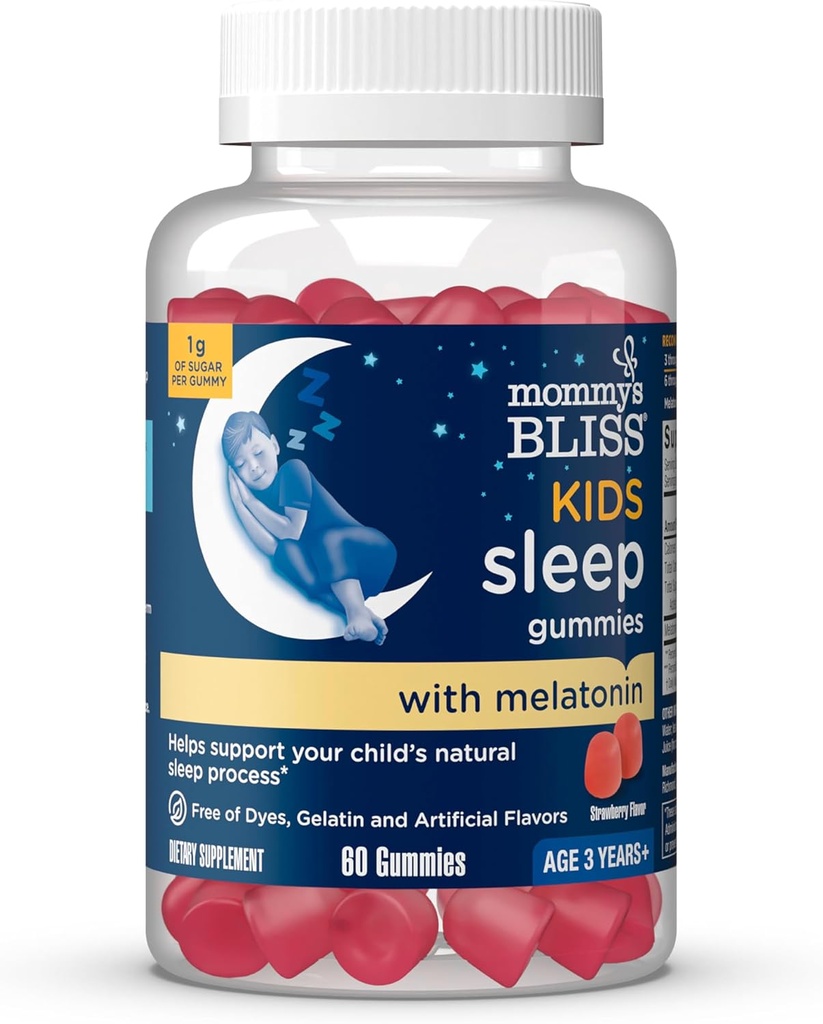 Mama's Bliss Kids Sleep Melatonin Gummies, Sans Couleurs Artificielles, Saveurs ou Gélatine, Saveur de Fraise, Age 3+ (60 Gummies)