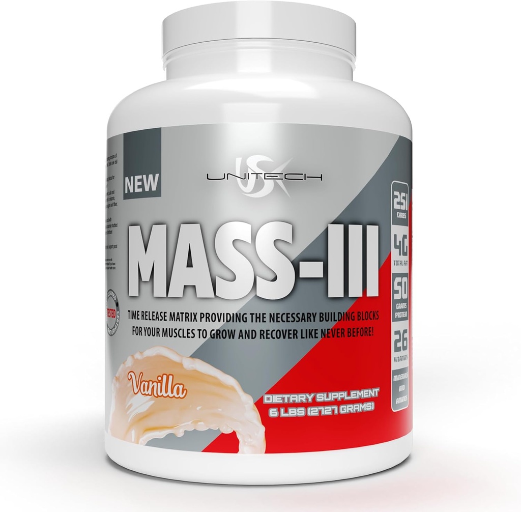 Unitech USK Powder Vanilla Mass Complète Absorbable Mass Gainer Riche en protéines, vitamines, et minéraux.