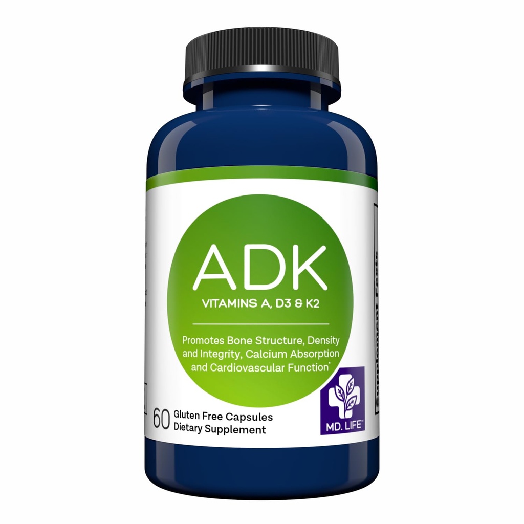 Supplément de vitamine MD.LIFE ADK – Vitamine D3 K2 et complexe – 60 capsules – Vitamine ADK haute puissance pour le soutien de la santé des os et du coeur