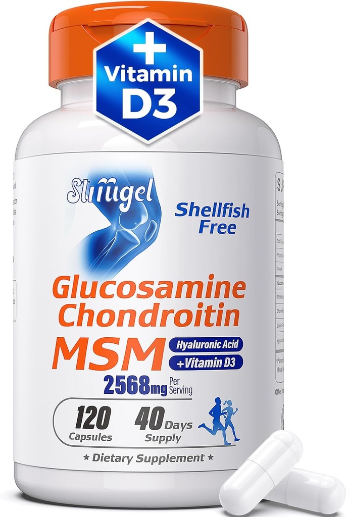 Glucosamine Chondritine MSM + Vitamine D3-S Supplément de soutien mixte sans mollusques pour la mobilité, la flexibilité et la santé des os , sans OGM, sans gluten, sans soja – formule 7-en-1 pour les hommes et les femmes