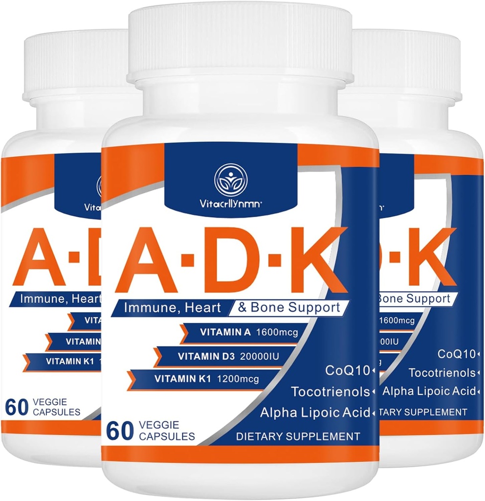 Supplément de vitamine ADK 20000 UI - Vitamines de haute puissance A, D3 et K1 pour le coeur, la santé osseuse et les immunosupport de vitamine ADK 180 Capsules