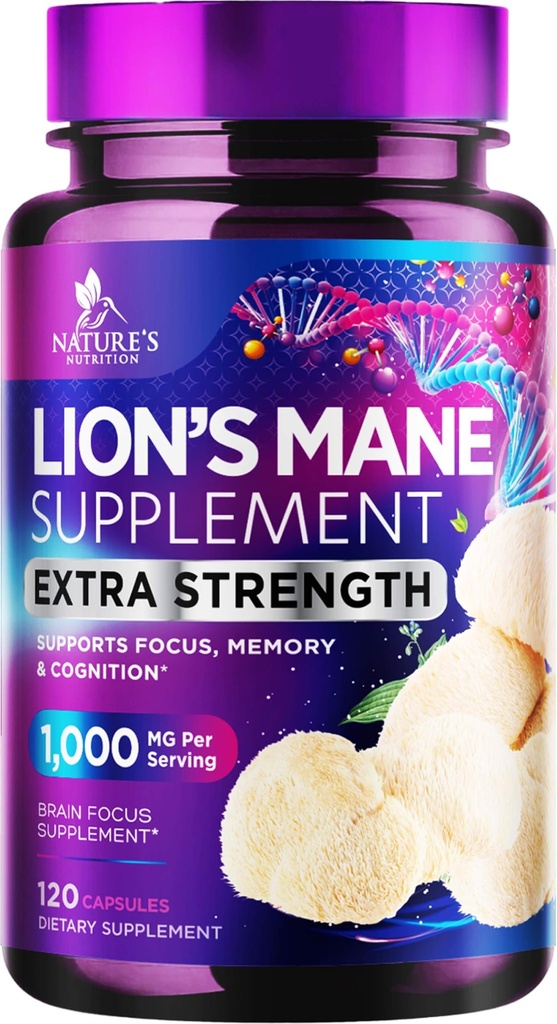 Lions Mane Mushroom Capsules 10 000mg - Lions Mane Supplément Capsules pour le soutien de la mémoire et de la concentration, Cerveau, Immune Health Support, Vegan, mis en bouteille aux États-Unis, Lions Mane Mushroom Powder Extract, 120 Compte