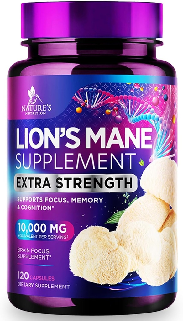 Lions Mane Mushroom Capsules 10 000mg - Lions Mane Supplément Capsules pour le soutien de la mémoire et de la concentration, Cerveau, Immune Health Support, Vegan, mis en bouteille aux États-Unis, Lions Mane Mushroom Powder Extract, 120 Compte