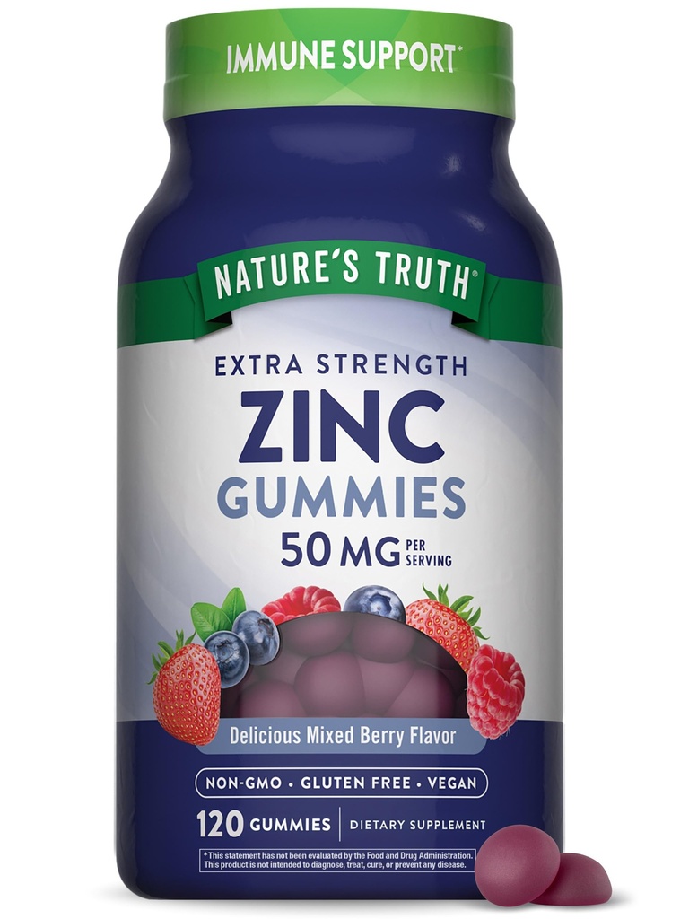 Nature's Truth Zinc Gummies for Adults.com 50mg.com 120 Comte.com Végétalien, sans OGM et supplément sans gluten.