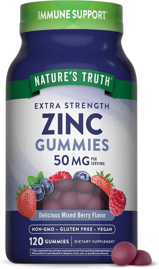 Nature's Truth Zinc Gummies for Adults.com 50mg.com 120 Comte.com Végétalien, sans OGM et supplément sans gluten.