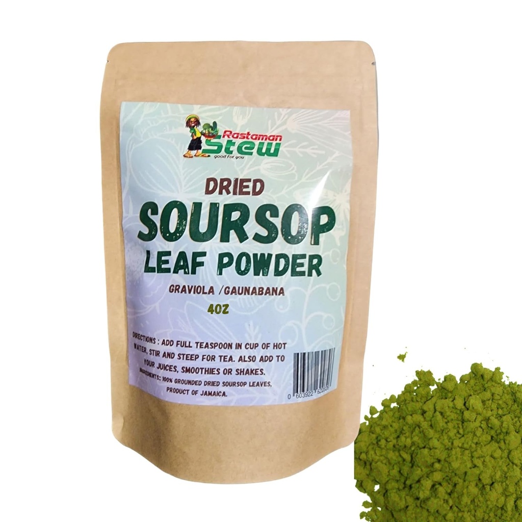 RastaMan ragoût à la terre sourde séchée au thé Feuilles organiques en poudre, extrait de feuille de Graviola pur/Guanabana Feuilles/souche de soup - Riche en antioxydants et nutriments - Pas de conservateur (4oz) brun