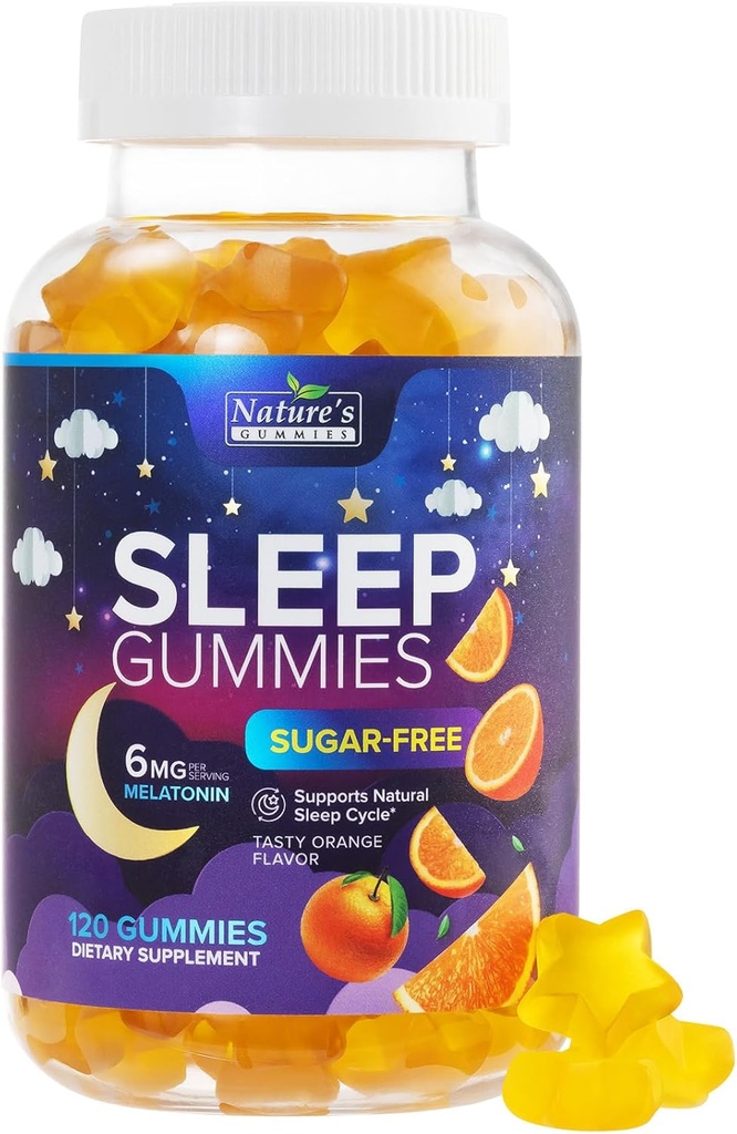 Supplément Gommies de sommeil 6mg - Sans sucre Mélatonine Gommy pour les adultes, Natural Zéro sucre Gommy de sommeil pour les adultes, les enfants, orange aromatisé, végétalien, supplément de force en vitamine de sommeil - 120 Gommies