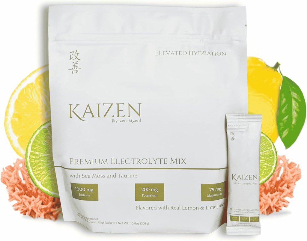 Kaizen Hydratation - Boissons d'hydratation pour le corps entier - Energie, Focus, Wellness - Mélange d'électrolyte biologique avec la mousse de mer d'Irlande, Taurine, Extrait de fruits de mer - Saveur de citron - 8,88 oz