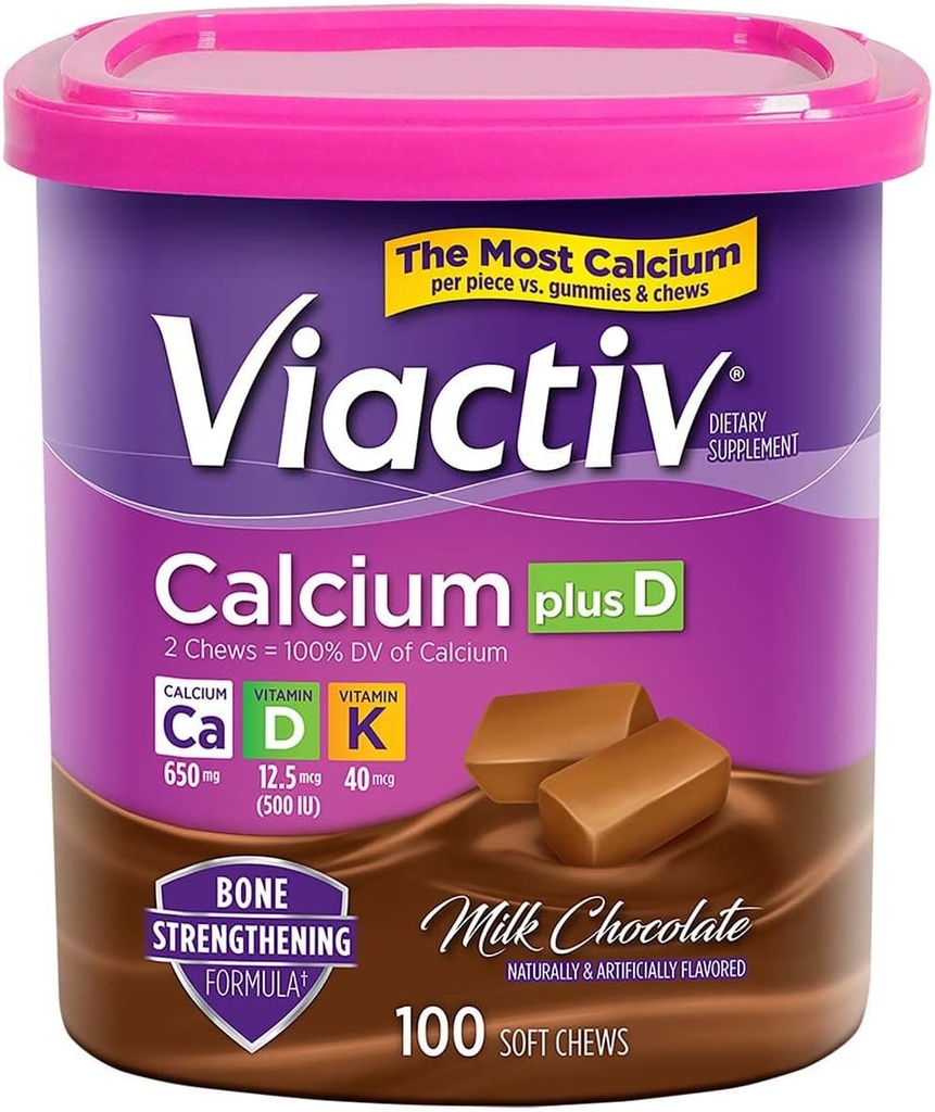 Viactiv Max Formule Calcium + Vitamine D3 Supplément pour Bone Health Chocolat de lait, 100 Chews doux - 6 Pack