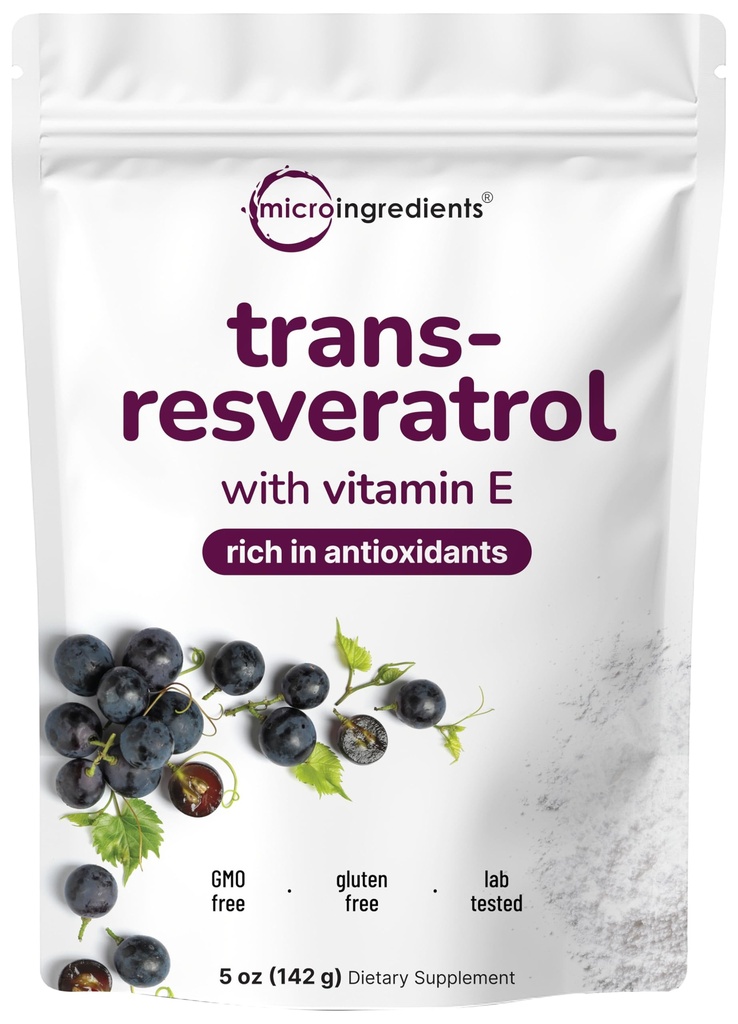 Pure poudre trans-résvératrol avec vitamine E, 5 once, 2 en 1 formule, poudre micronisée pour une meilleure absorption, supplément de resvératrol Premium, super antioxydant