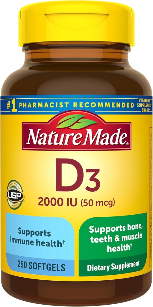 Nature faite de vitamine D3 2000 UI (50 mcg), supplément alimentaire pour os, dents, muscles et immunitaires, 250 Softgels, 250 jours d'approvisionnement