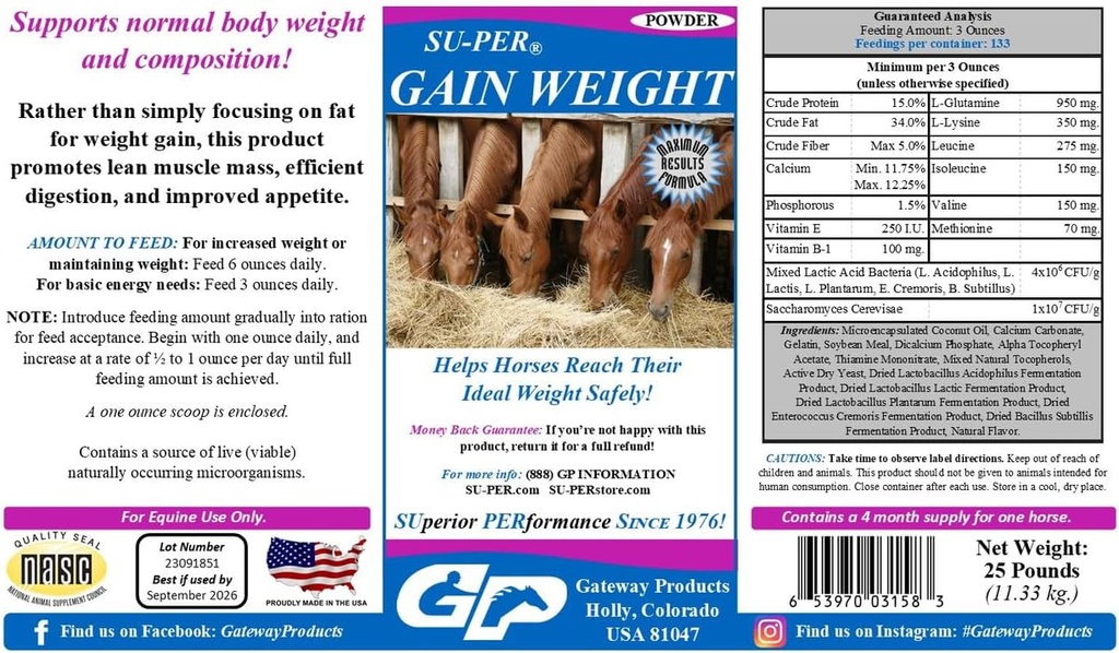 SUPER gain de poids pour les chevaux - Hippique supplément gain de poids pour les chevaux - favorise la masse musculaire maigre, la digestion et l'appétit - 25 livres, 4 mois d'approvisionnement