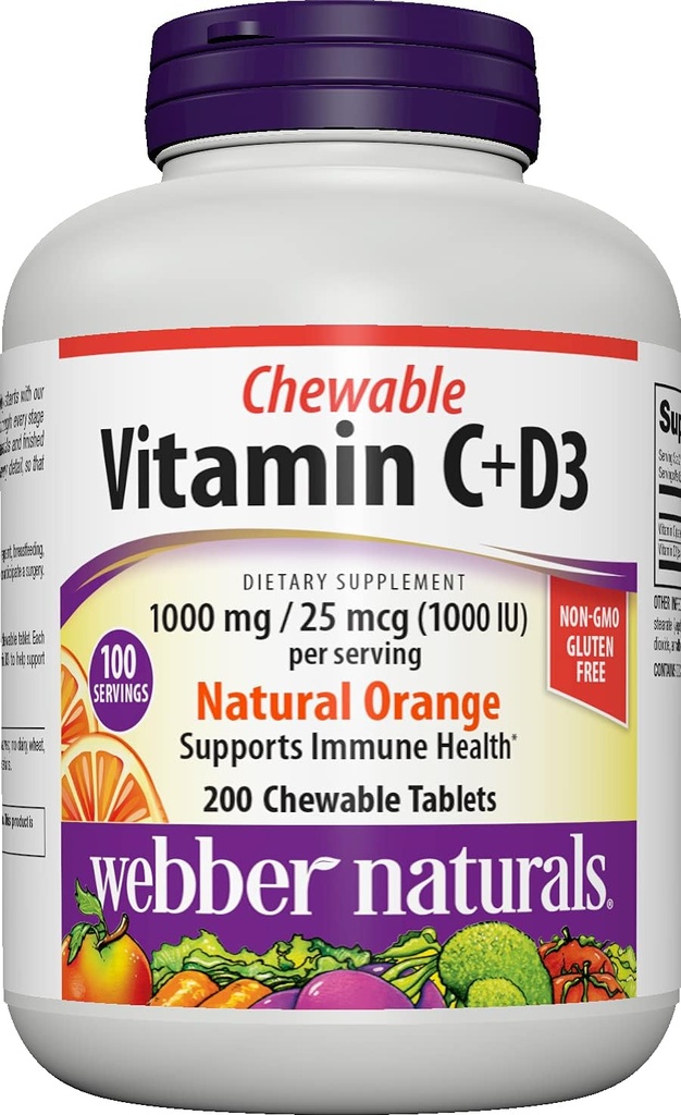 Webber Naturals Vitamine C+D3, 200 comprimés d'orange à croquer, 1000 mg de vitamine C avec 1000 UI de vitamine D3 par portion, os, dents, immunosupport et antioxydant, sans OGM, sans lait et sans gluten