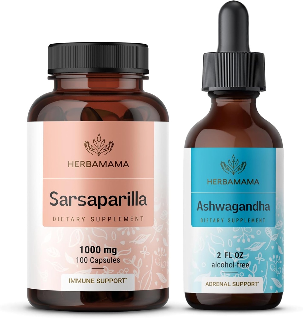 HERBAMAMA Sarsaparilla et Ashwagandha Kit - Ensemble de 1000 mg Sarsaparilla Capsules Racines et Ashwagandha Teinture Racine 2 fl oz - Vegan, Non-OGM, Sucre et Sans Alcool - 2 Pack
