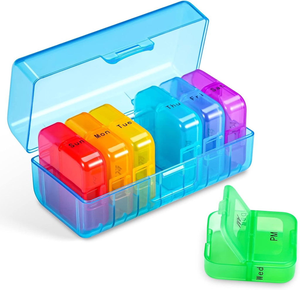 Organisateur hebdomadaire de pilules Zoksi 2 fois par jour, bleu 7 jours Pm Pill Box, quotidien Am Pm Pill Organisateur 7 jours, cas portable de pilules de vitamine, boîte à pilules hebdomadaire pour les huiles de poisson, vitamine, supplément