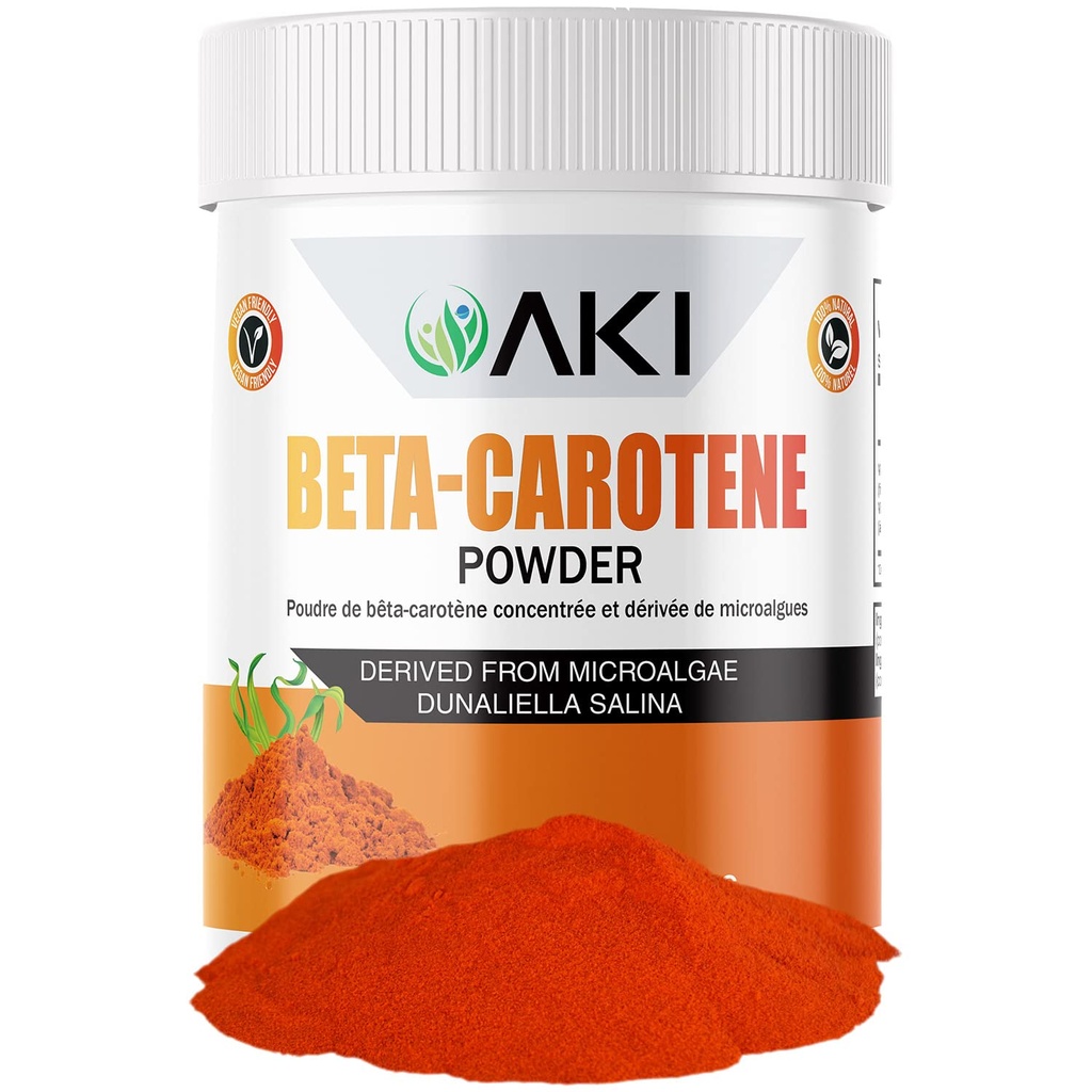 AKI Beta Carotène 10% Poudre (1.5oz/42.52g) Aromatisation très concentrée Boute de vitamine A, peut aider à soutenir les fonctions du corps, la peau, le système immunitaire et l'oeil - sans OGM et végétalien