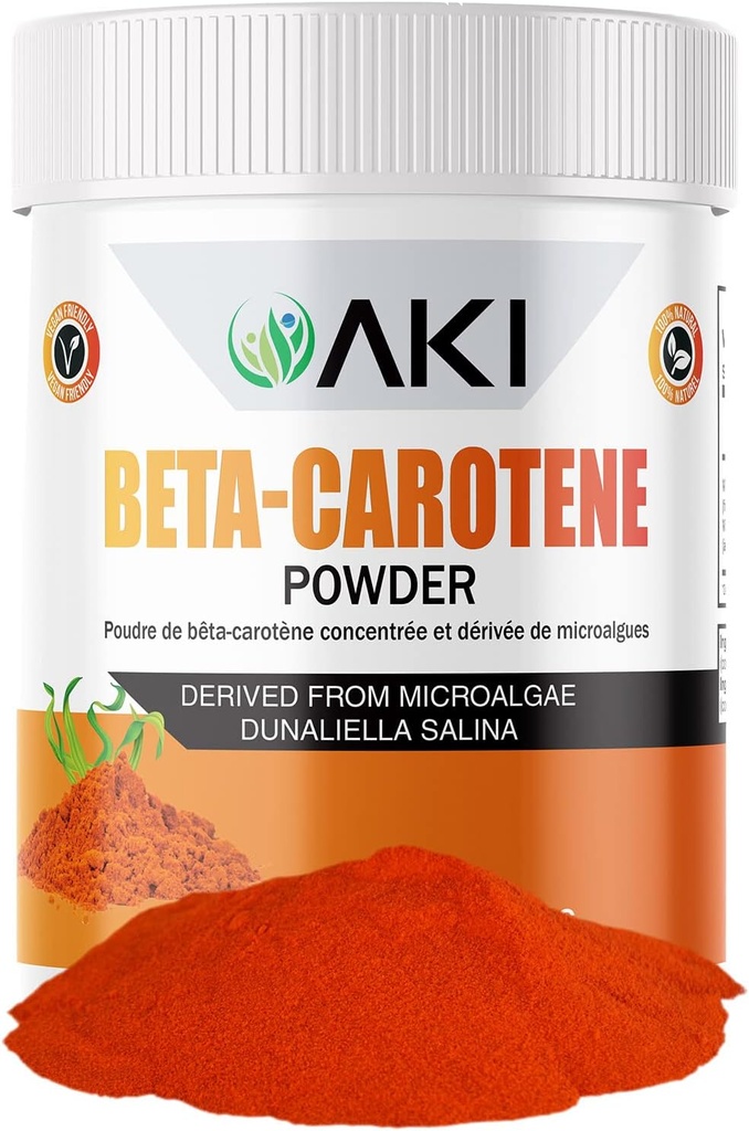 AKI Beta Carotène 10% Poudre (1.5oz/42.52g) Aromatisation très concentrée Boute de vitamine A, peut aider à soutenir les fonctions du corps, la peau, le système immunitaire et l'oeil - sans OGM et végétalien