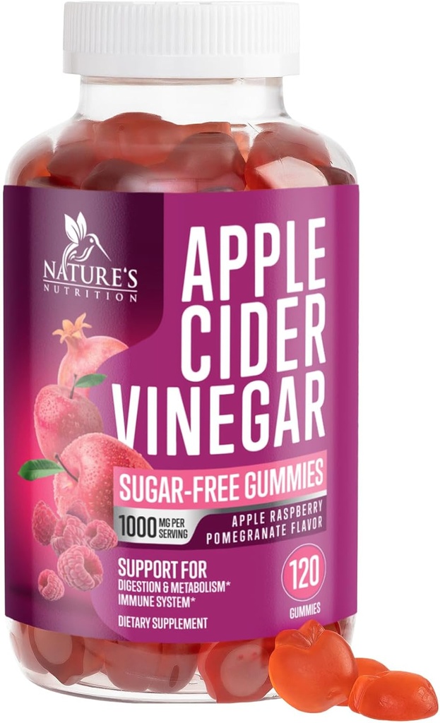 Gommies de vinaigre de cidre de pomme 1000mg - sans sucre Gommy de vinaigre de cidre de pomme pour nettoyer, vitamine B12 pour l'énergie de digestion et le soutien de la santé immunitaire, soutient le métabolisme, végétalien, kéto, pomme framboise parfum - 120 Gommies