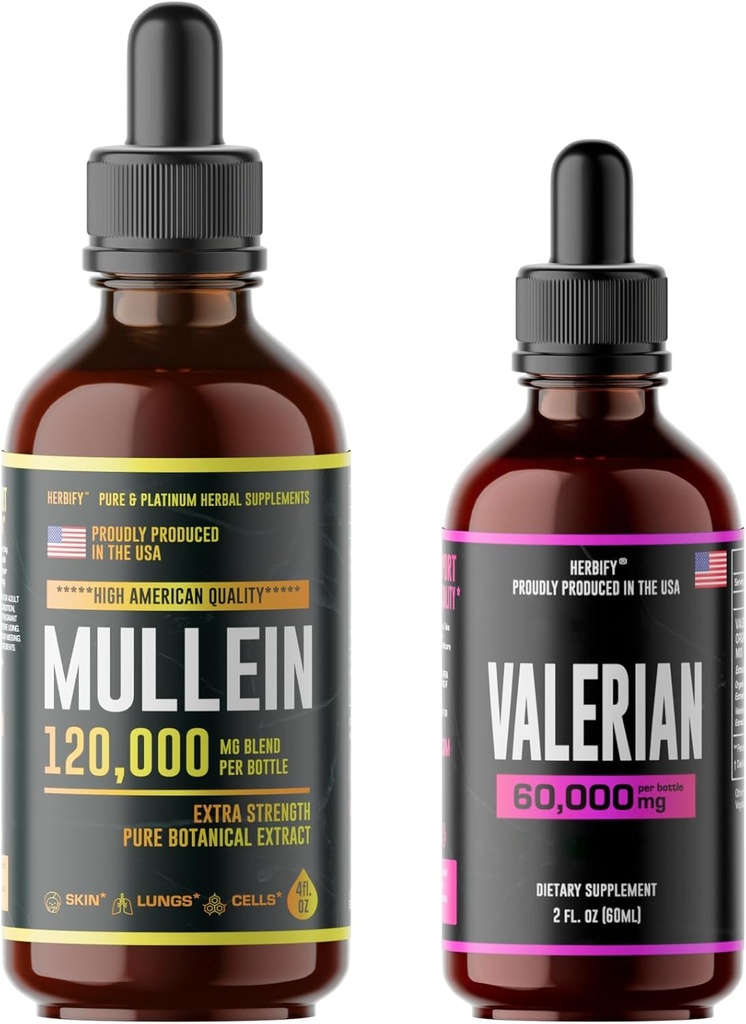 Groupe HERBIFY - Extrait de feuille de Mullein et Teinture de racine valeriane - Support respiratoire et support du système nerveux