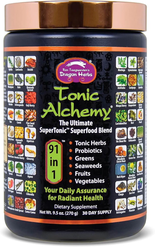 Dragon Herbes Tonic Alchemy Superfood Greens Poudre de 91 ingrédients : Herbes toniques, Ashwagandha, Champignons, Probiotiques, Super Greens, Algues, Fruits, Légumes, Spiruline - 30 portions