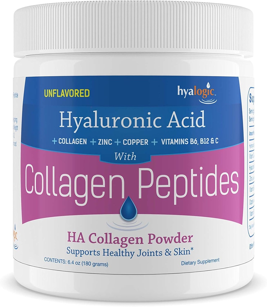 Hyalogic Collagen Peptides Poudre avec/acide hyaluronique, Hydrolysed Types 1 & 3, Grass Fed, supplément en poudre de protéines kéto pour la croissance des cheveux, la peau, les ongles, les articulations non aromatisées Facile à mélanger 6,4 oz (180 gr.)