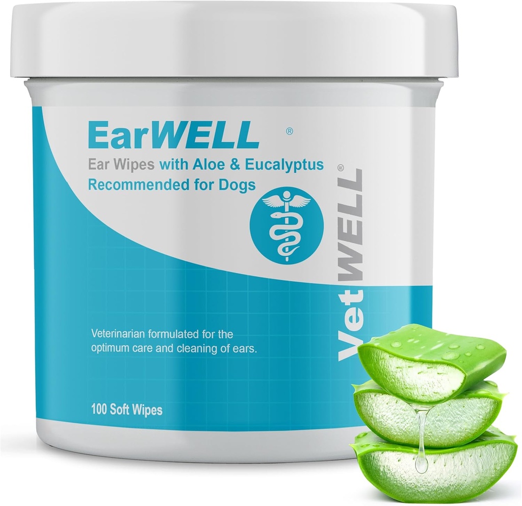 EarWELL by VetWELL Wipes d'oreilles de chien - Wipes de nettoyage otique pour les infections et contrôle de l'odeur d'oreille chez les animaux de compagnie - 100 Compte