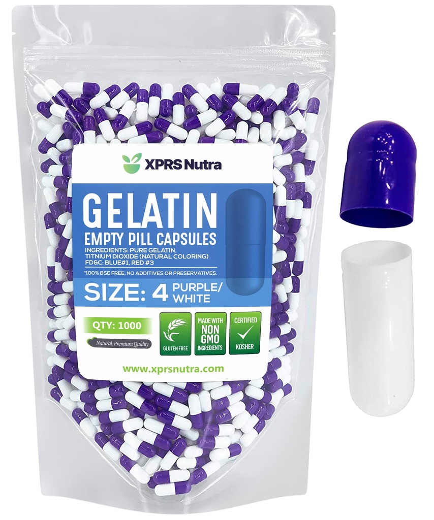 XPRS Nutra Taille 4 Capsules vides - 100 Compter les petites capsules de gélatine vide - Pills Bricolage Capsule Remplissage - Remplissage pur bouchons de gel de pilules pour les suppléments Do-It-Youlf (Purple/White)