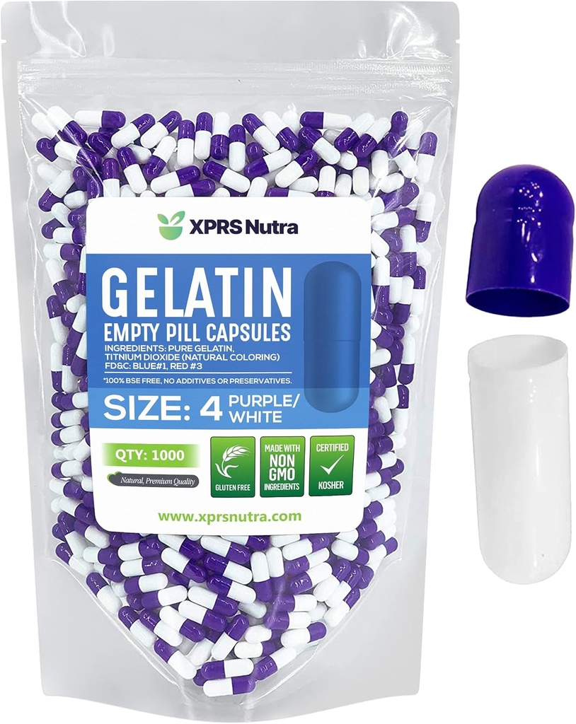 XPRS Nutra Taille 4 Capsules vides - 100 Compter les petites capsules de gélatine vide - Pills Bricolage Capsule Remplissage - Remplissage pur bouchons de gel de pilules pour les suppléments Do-It-Youlf (Purple/White)