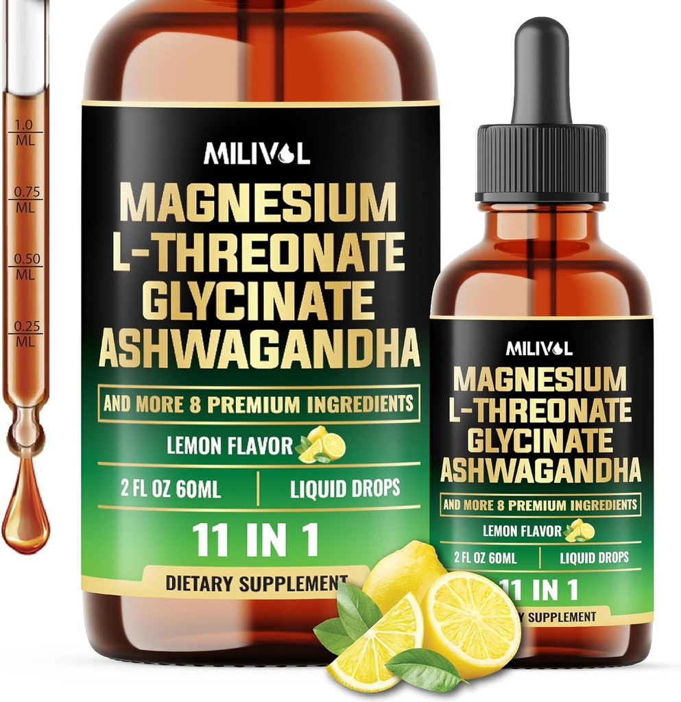 10en1 Gouttes liquides de magnésium L-Thréonate avec du glycinate de magnésium, Ashwagandha, vitamine D3, C, B6 et 4 Autres ingrédients - 2 Fl Oz - Saveur citron