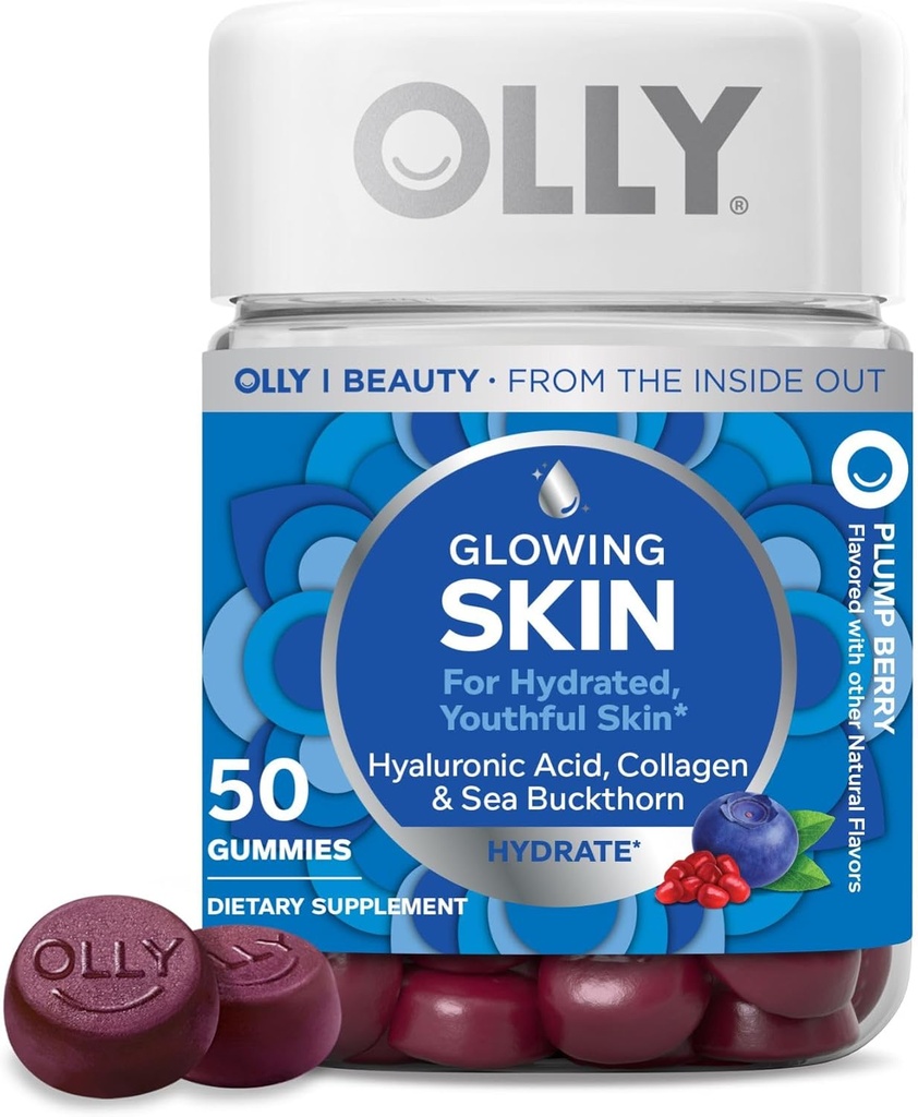OLLY Glowing Skin Gummy, Hydrated & Youthful Skin,* Hyaluronic Acid, Collagen Peptides, Sea Buckthorn, Plump Berry Flavor, 25 Day Supply - 50 Count