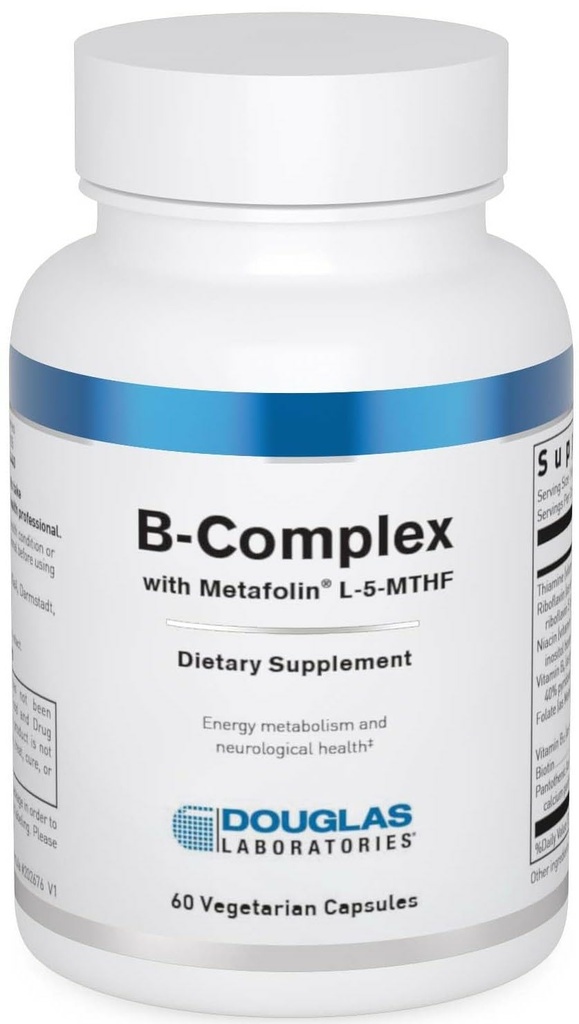 Douglas Laboratories B-Complex with Metafolin - Supplément de vitamine B complet - Soutien énergétique et santé cérébrale* - Avec folate, biotine et thiamine - Non-OGM - 60 Capsules végétariennes