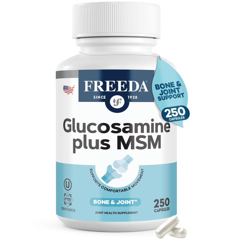 FREEDA Glucosamine MSM – Supplément Vegan Joint Flexibility & Mobility – Glucosamine végétarienne sans mollusques – Supporte la fonction conjointe – Testé en troisième partie – (250 capsules)
