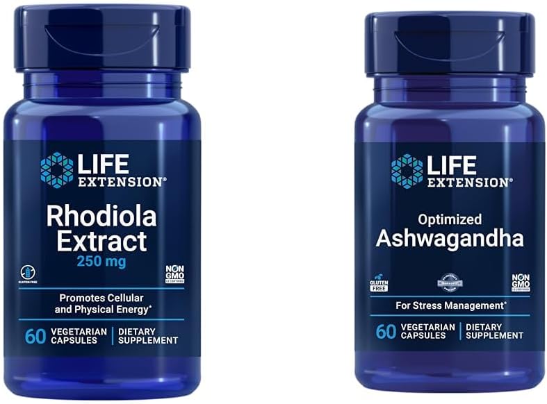 Extension de vie Rhodiola et Ashwagandha Extraction Bundle, Rhodiola rosea et Ashwagandha Suppléments, 60 Capsules Chaque