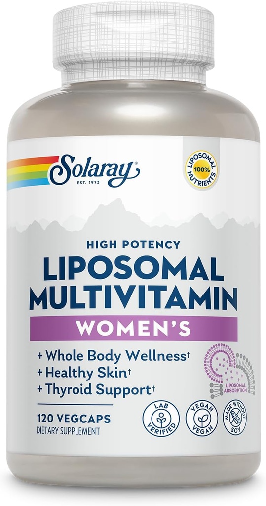 SOLARAY Multivitamine liposomique pour les femmes, Absorption accrue, Haute puissance avec/Iron, Vitamine D, Vitamine C, B12, Biotine, CoQ10, Soutien immunitaire, Santé osseuse, Vegan, 60 portions, 120 VegCaps