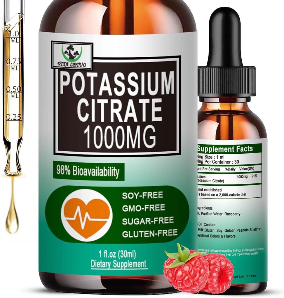 Citrate de potassium gouttes liquides, Supplément de potassium 1000mg Liquid Support Cramp Relief Muscle, Santé cardiaque et Sommeil, Haute Absorbable pour les adultes Femmes et hommes, Vegan, 30 portions
