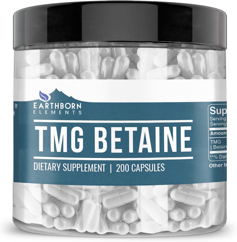 Éléments terriens TMG Betaïne Anhydre Triméthylglycine 200 Capsules, pures et non diluées, sans additifs