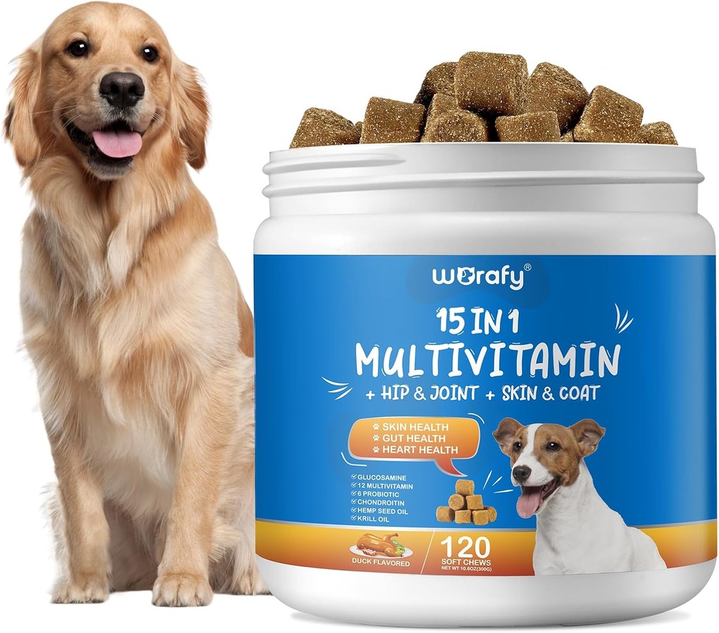 Suppléments de multivitamines pour chiens 15-en-1 - Multivitamines pour chiens Chewable - Immunité, digestion, articulation et santé cardiaque pour la peau, le coeur de manteau, le système immunitaire - pour tous les âges Tous races (120 comtes)